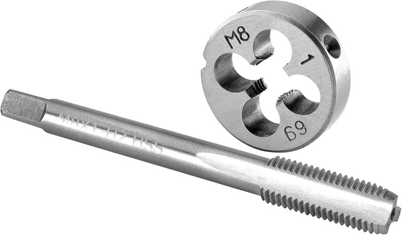 Burkit M8 X 1 Tap and Die Set, M8 x 1.0 Machine Thread Tap and Round Die Right Hand - Image 1